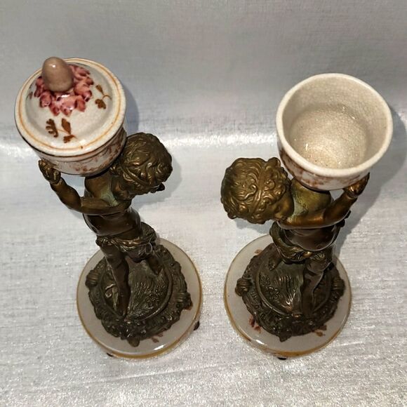 Pair Of Vintage Beautiful Bronze Signed Asian Cherub Sculptures - Picture 5 of 15